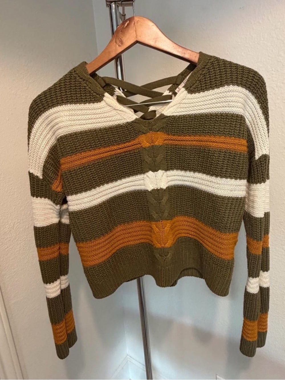 FCT with Love Striped Olive V-Neck Sweater with Crisscross Back